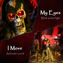 Halloween Animated Skeleton with Glowing LED Eyes, Animatronic Halloween Decorations, Battery Operated