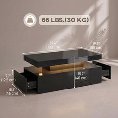 LED Coffee Table with Storage, 2-Tier Modern Center Table with 2 Drawers for Living Room, High Gloss Black