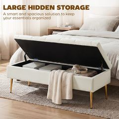 Upholstered Bedroom Bench with Gold Tone Metal Legs, Velvet Tufted and Thick Padding, Beige