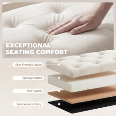 Upholstered Bedroom Bench with Gold Tone Metal Legs, Velvet Tufted and Thick Padding, Beige