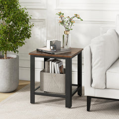 Industrial 2 Tier Side Table with Mesh Shelf, Rustic Brown Top and Black Frame