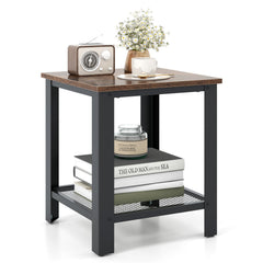 Industrial 2 Tier Side Table with Mesh Shelf, Rustic Brown Top and Black Frame