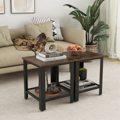 Industrial 2 Tier Side Table with Mesh Shelf, Rustic Brown Top and Black Frame