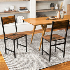 Set of 2 Industrial Dining Chairs, Rustic Brown Wood Grain Seat and Back on Black Metal Frame