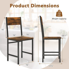 Set of 2 Industrial Dining Chairs, Rustic Brown Wood Grain Seat and Back on Black Metal Frame