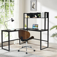 Industrial L-Shaped Desk Bookshelf 55 Inch Corner Computer Gaming Table-Black