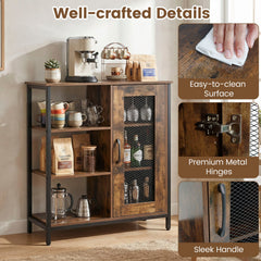Industrial Side Cabinet with Metal Mesh Door and 3 Open Shelves-Rustic Brown