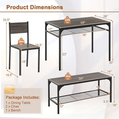 Industrial Style Rectangular Kitchen Table with Bench and Chairs-Gray