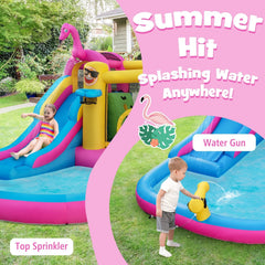 Flamingo Inflatable Bounce Castle with 8.5 ft Water Slide and 735W Blower