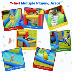 7-in-1 Inflatable Water Park with Soccer Game, Ball Shooting and 740W Blower