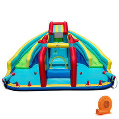 Double Water Slide Park with Obstacle Course, Twin Cannons and 750W Blower, Ages 3 to 12