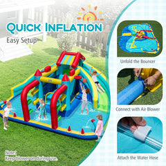 Double Water Slide Park with Obstacle Course, Twin Cannons and 750W Blower, Ages 3 to 12