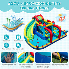 Double Water Slide Park with Obstacle Course, Twin Cannons and 750W Blower, Ages 3 to 12