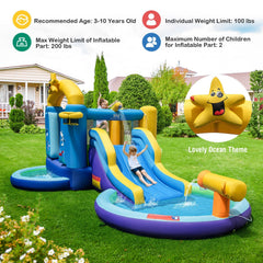 Ocean Themed Inflatable Bounce House with Surfing Slide, Two Pools and 680W Blower