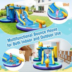 Ocean Themed Inflatable Bounce House with Surfing Slide, Two Pools and 680W Blower