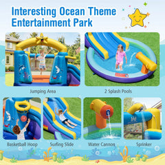 Ocean Themed Inflatable Bounce House with Surfing Slide, Two Pools and 680W Blower