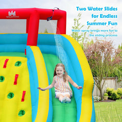 Inflatable Water Park with Two Curved Slides, Water Valve and 735W Blower