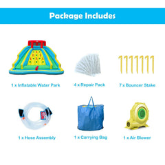 Inflatable Water Park with Two Curved Slides, Water Valve and 735W Blower