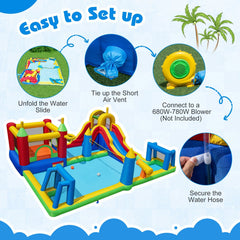 9 in 1 Inflatable Water Park with Climbing Wall and Splash Pool, Blower Not Included, Ages 3 to 12