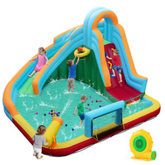 Inflatable Water Slide Park with Long Slide, Splash Pool, Climbing Wall and 680W Blower