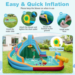 Inflatable Water Slide Park with Long Slide, Splash Pool, Climbing Wall and 680W Blower