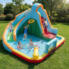 Inflatable Water Slide Park 6-in-1 with Long Slide and Splash Pool, No Blower, Ages 3 to 12