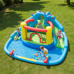 Dinosaur Themed Inflatable Water Park with Double Slides and Blower Included, Ages 3 to 10