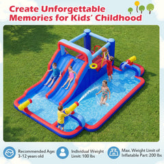 Giant Inflatable Water Park with Double Slides, Three Cannons and 750W Blower
