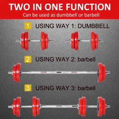 44lbs 2-In-1 Dumbbell & Barbell Adjustable Set Strength Muscle Exercise Fitness Plate Bar Clamp Rod Home Gym Sports Area