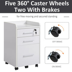 3 Drawer File Cabinet with Lock and Edged Top, Lockable Filing Cabinet on Wheels for Letter and A4 Size, White