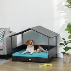 Rattan Dog House with Canopy, Wicker Dog Bed with Water-Resistant Cushion, for Small and Medium Breeds Blue