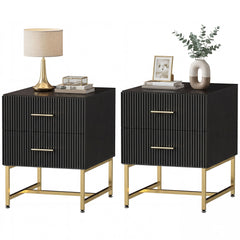 2 Pieces Nightstands with Storage, Modern Bedside Tables with 2 Fluted Drawers and Gold Legs for Bedroom, Black