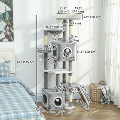 65 Inch Cat Tree with 2 Doors Condos, Plush Top Perch, Hammock, Sisal Scratching Posts, 4 Pompoms, Ramp, Grey