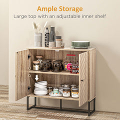 Modern Sideboard, Buffet Cabinet with 2 Chevron Doors and Adjustable Shelf, Kitchen Storage Cabinet with Steel Base, Coffee Bar Cabinet, 31.5" H, Oak