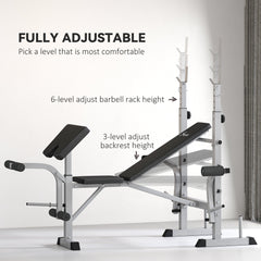 Bench Press Set Adjustable Weight Bench with Squat Rack, Preacher Curl Pad, Leg Developer and Weight Storage, White