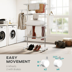 Garment Drying Rack Stainless Steel Folding Clothes Hanging Rack with Side Wings Castors for Indoor Outdoor White