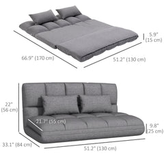 51" Folding Floor Sofa, Foldable 2-Seater Lazy Sofa Sleeper Bed, Adjustable Linen Floor Couch with 9-position Backrest, 2 Pillows and Wide Seat for Living Room, Grey
