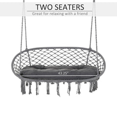 Patio Hammock Chair 2 Seat, Hanging Rope Hammock Swing Chair with Metal Frame and Cushion, Large Macrame Seat for Indoor and Outdoor 396 lbs Capacity, Dark Grey
