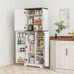 64" Tall Kitchen Pantry Cabinet with Spice Racks and Adjustable Shelves, Black Wood Grain
