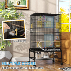 52" Bird Cage with Rolling Stand, Toys, for Budgies Canaries Black