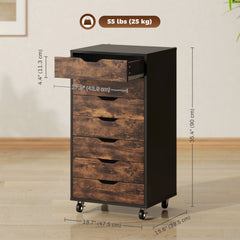 7-drawer Vertical File Cabinet for Home Office, Storage Cabinet with Wheels, 18.7"x15.6"x35.4", Black