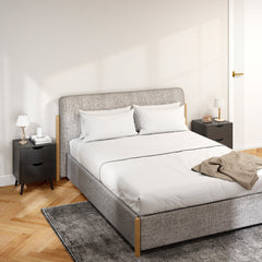 Modern Bedside Table, Nightstand with 2 Drawers and Pine Wood Legs for Bedroom, Living Room, White
