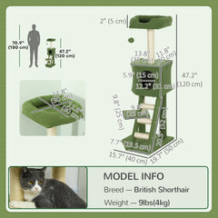 47" Tall Cat Tree Tower with Condo, Ladder, Scratching Posts and Hanging Ball, Light Grey