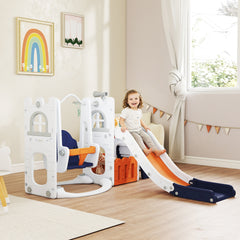 6-in-1 Slide and Swing Set Baby Swing Playset Indoor with Basketball Hoop, Climber, Storage Space, Telescope, Grey