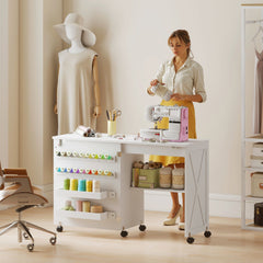 Sewing Machine Table on Wheels, Folding Craft Table with 2 Bins, Storage Shelf, 18 Pegs, Lockable Wheels, Brown