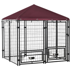 Outdoor Dog Kennel, Lockable Pet Playpen Crate, Welded Wire Steel Fence, Rotating Bowl Holders, Red