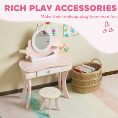 Kids Vanity Set, Girls Dressing Table with Mirror and Stool, 7 Accessories, Drawers, Desktop Storage, Pink