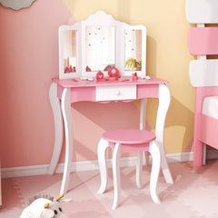 Kid's Wooden Vanity Table and Stool Set, with 3-Panel Acrylic Mirror-White