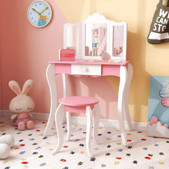 Kid's Wooden Vanity Table and Stool Set, with 3-Panel Acrylic Mirror-White