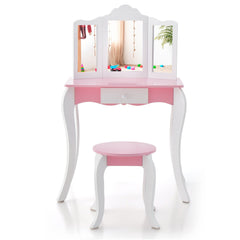 Kid's Wooden Vanity Table and Stool Set, with 3-Panel Acrylic Mirror-White